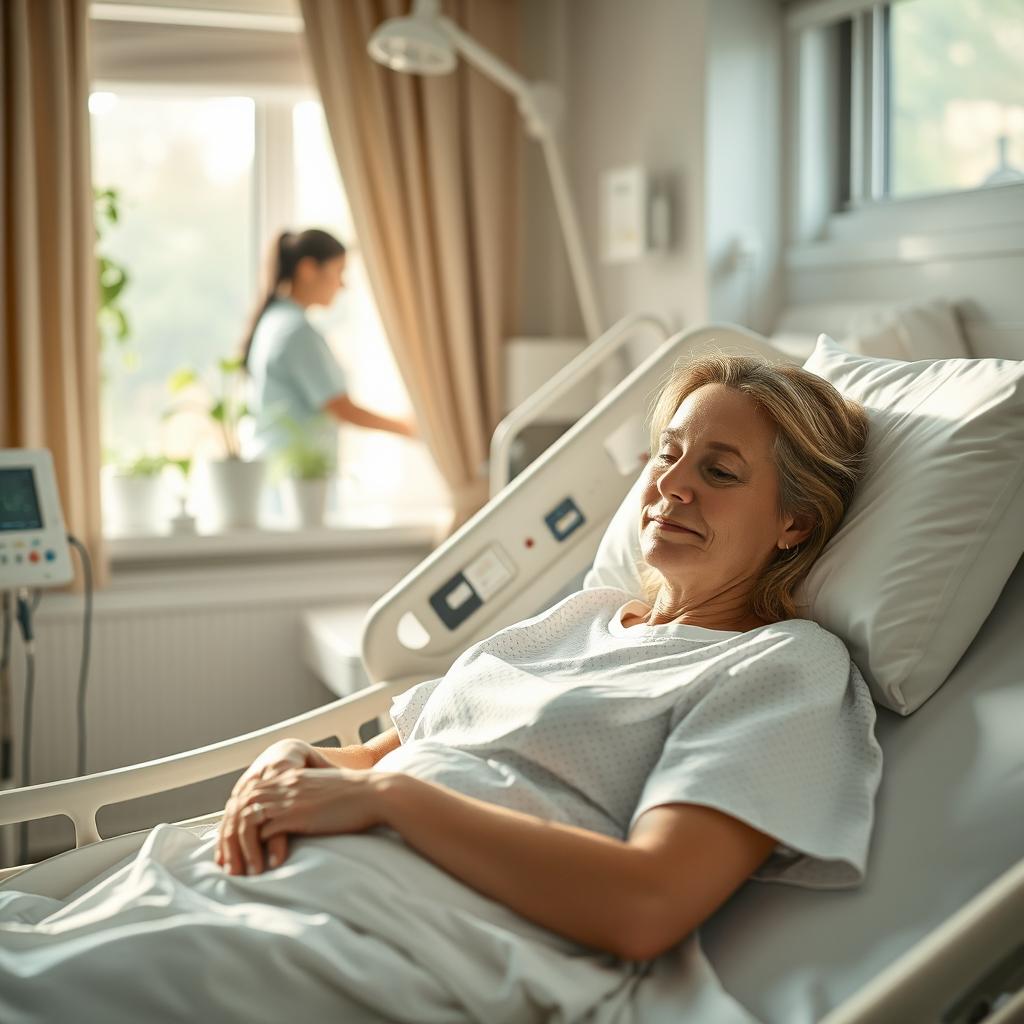 A serene hospital room with a patient lying in a comfortable bed, surrounded by medical equipment