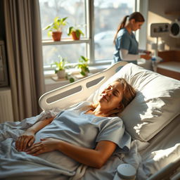 A serene hospital room with a patient lying in a comfortable bed, surrounded by medical equipment