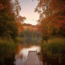 A tranquil sunset over a calm lake surrounded by dense woodland in autumn. A lone canoe is tied to the wooden dock.