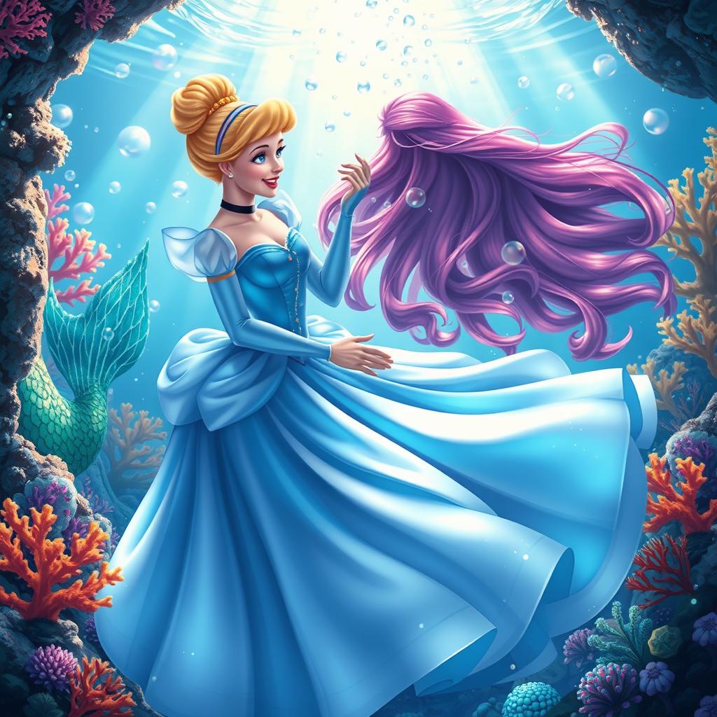 A stunning scene featuring Cinderella and a mermaid together in a magical underwater environment, illuminated by sparkling bubbles and colorful coral reefs