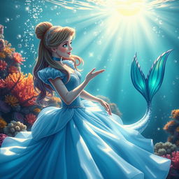 A stunning scene featuring Cinderella and a mermaid together in a magical underwater environment, illuminated by sparkling bubbles and colorful coral reefs