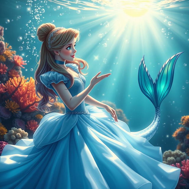 A stunning scene featuring Cinderella and a mermaid together in a magical underwater environment, illuminated by sparkling bubbles and colorful coral reefs