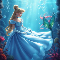 A stunning scene featuring Cinderella and a mermaid together in a magical underwater environment, illuminated by sparkling bubbles and colorful coral reefs