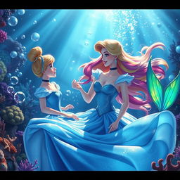 A stunning scene featuring Cinderella and a mermaid together in a magical underwater environment, illuminated by sparkling bubbles and colorful coral reefs