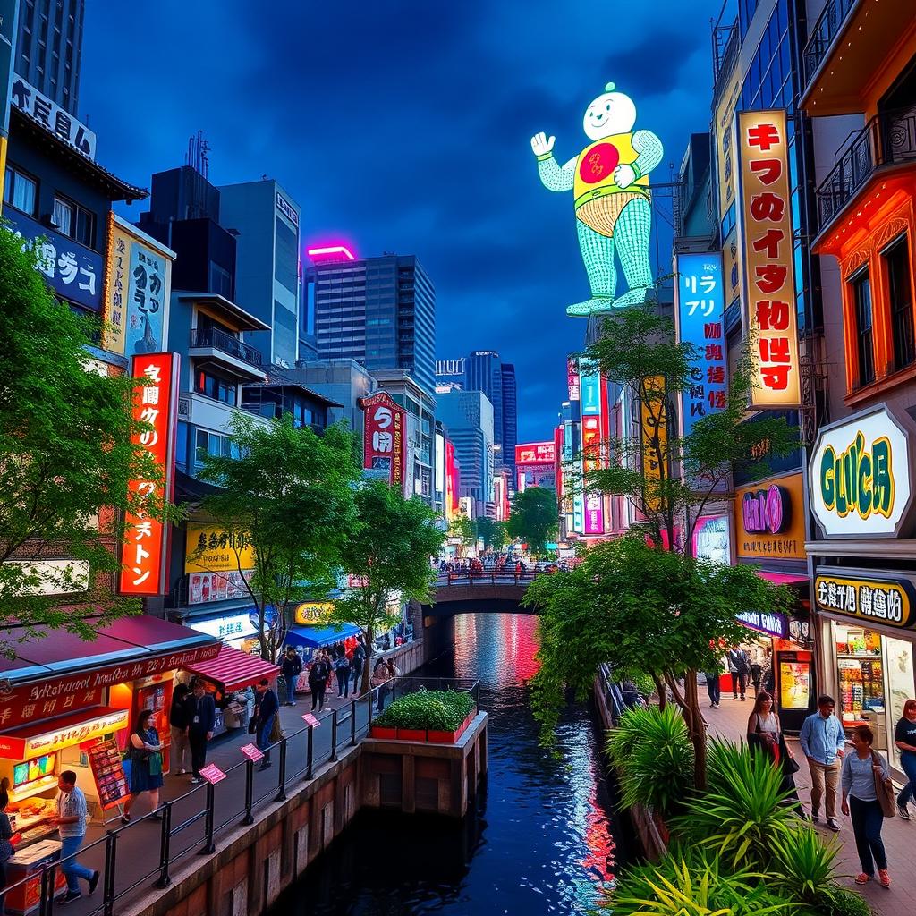 A vibrant and bustling view of Osaka's Dotonbori, capturing the lively atmosphere of this renowned area