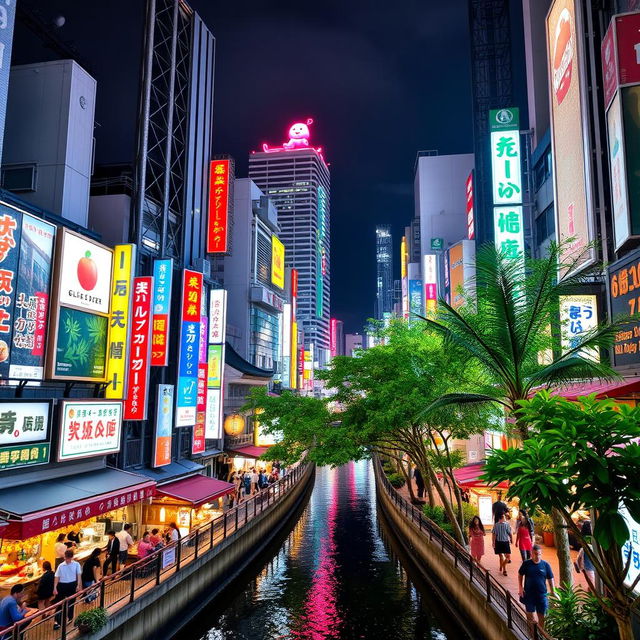 A vibrant and bustling view of Osaka's Dotonbori, capturing the lively atmosphere of this renowned area