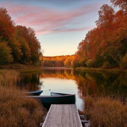 A tranquil sunset over a calm lake surrounded by dense woodland in autumn. A lone canoe is tied to the wooden dock.