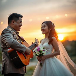 A Filipino man in a traditional barong, serenading a young woman in a beautiful Filipiniana dress, under a soft, romantic setting with fairy lights in the background