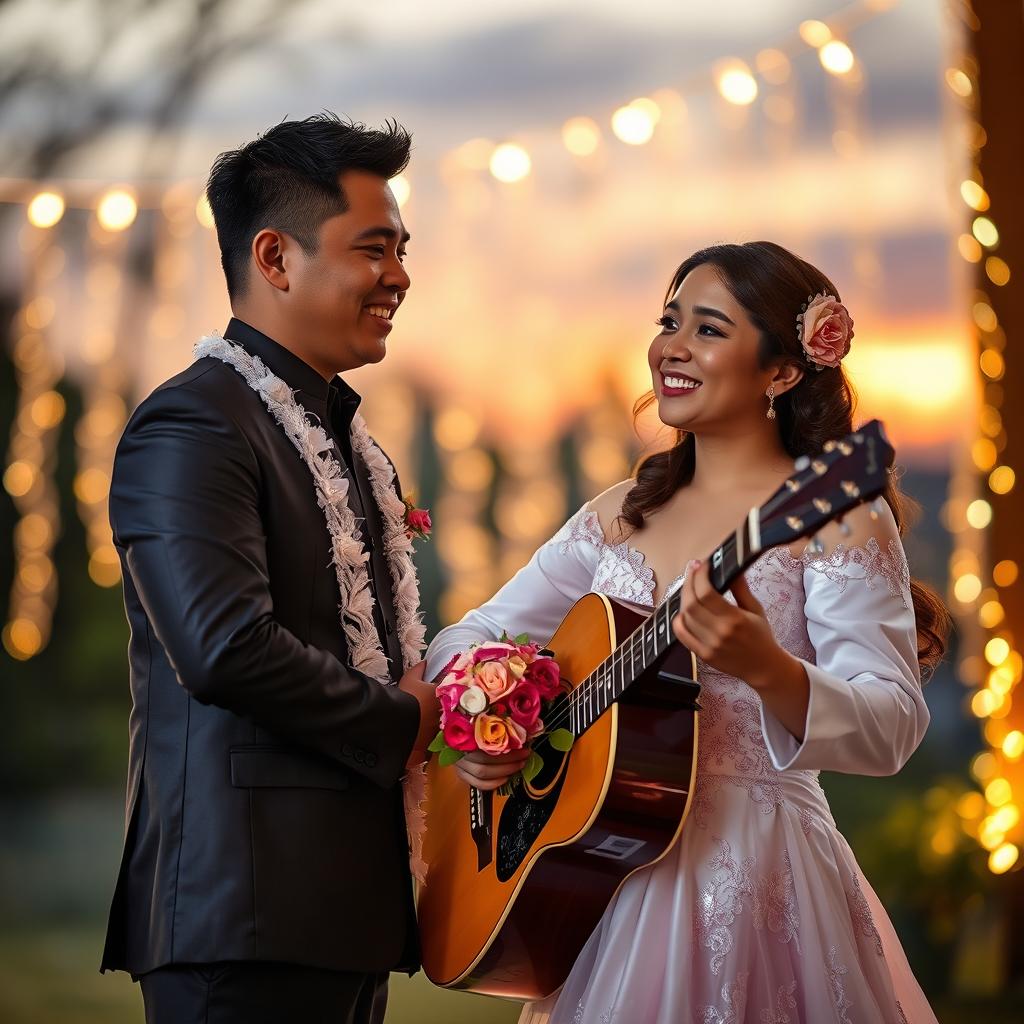 A Filipino man in a traditional barong, serenading a young woman in a beautiful Filipiniana dress, under a soft, romantic setting with fairy lights in the background