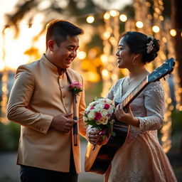 A Filipino man in a traditional barong, serenading a young woman in a beautiful Filipiniana dress, under a soft, romantic setting with fairy lights in the background