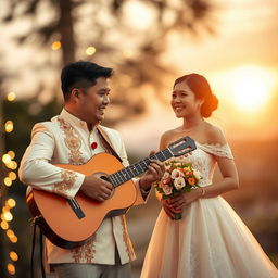 A Filipino man in a traditional barong, serenading a young woman in a beautiful Filipiniana dress, under a soft, romantic setting with fairy lights in the background