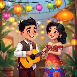 A realistic cartoon depiction of a Filipino man in a traditional barong, serenading a girl in a vibrant Filipiniana dress