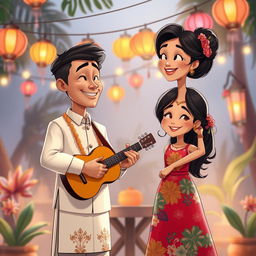A realistic cartoon depiction of a Filipino man in a traditional barong, serenading a girl in a vibrant Filipiniana dress
