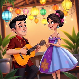A realistic cartoon depiction of a Filipino man in a traditional barong, serenading a girl in a vibrant Filipiniana dress