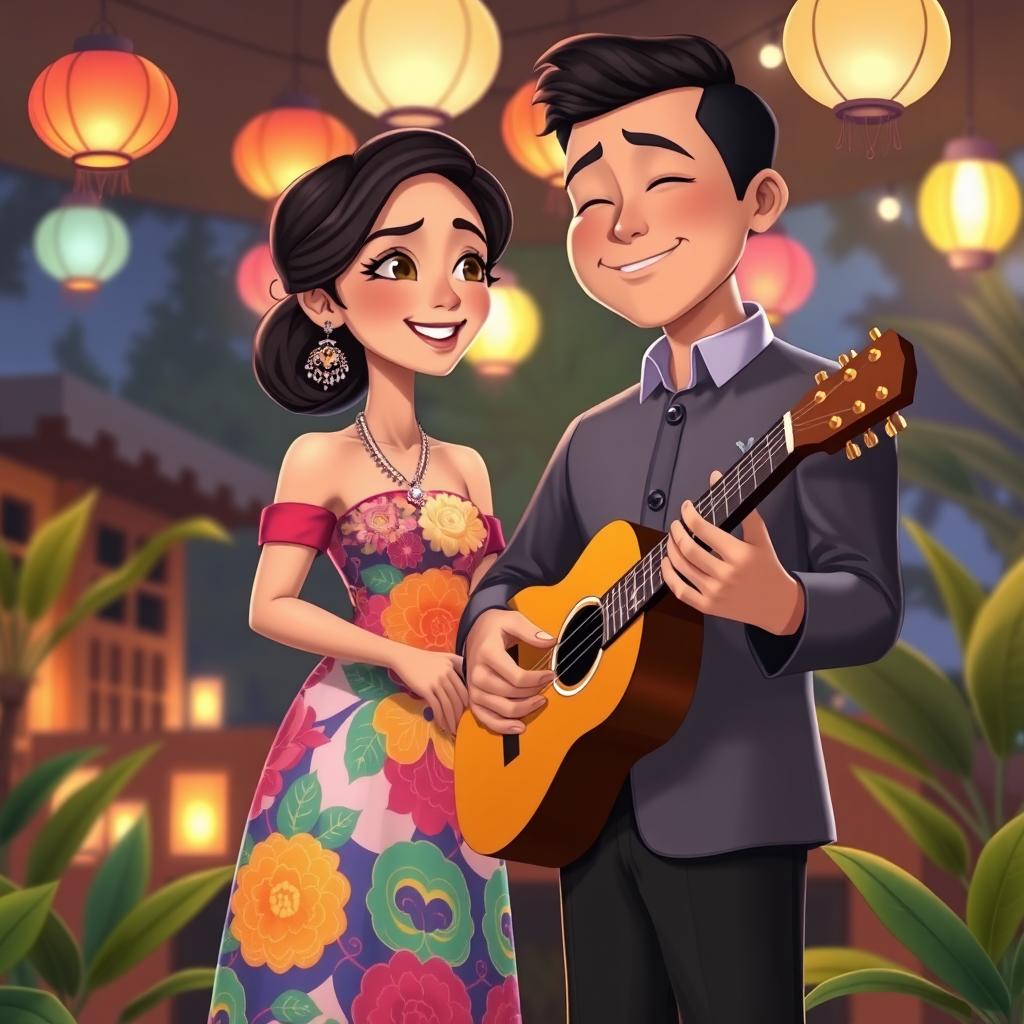A realistic cartoon depiction of a Filipino man in a traditional barong, serenading a girl in a vibrant Filipiniana dress