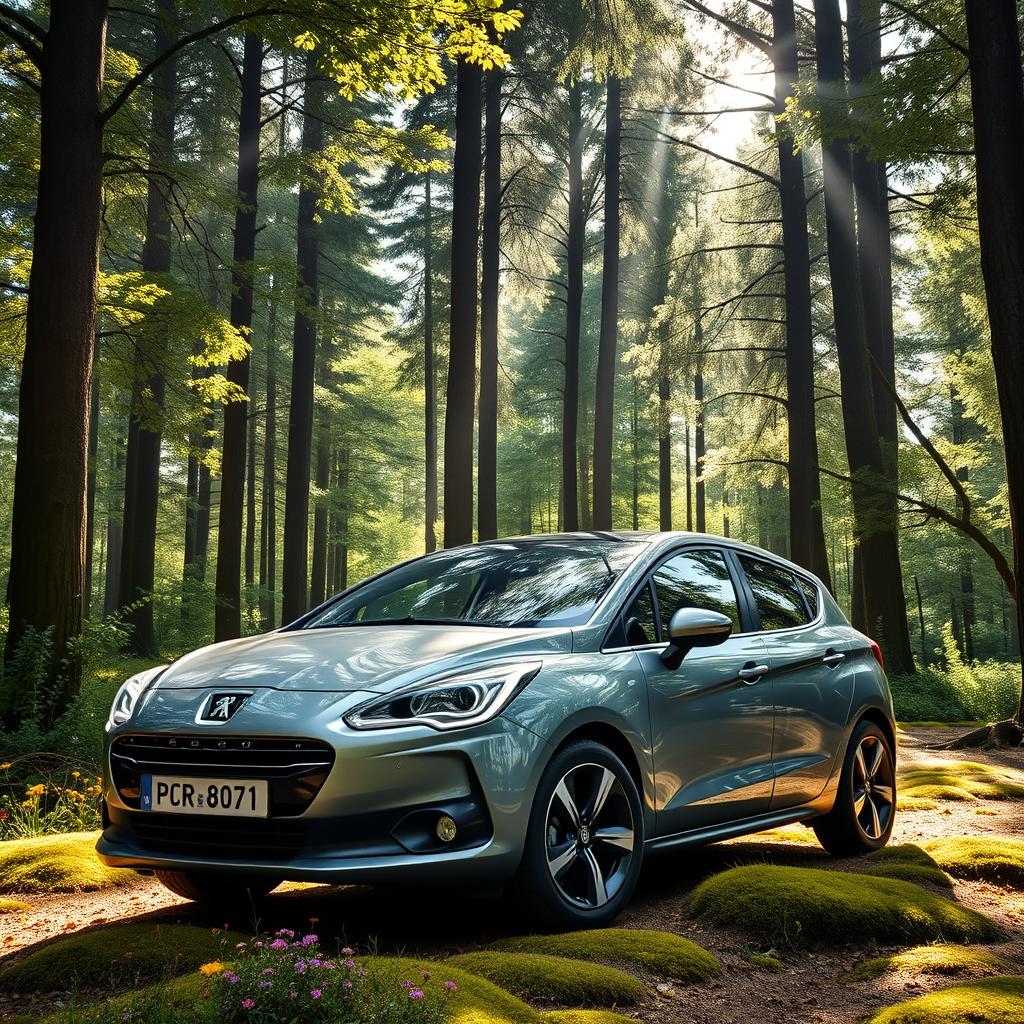 A stylish Peugeot car parked in a scenic forest setting