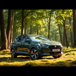 A stylish Peugeot car parked in a scenic forest setting