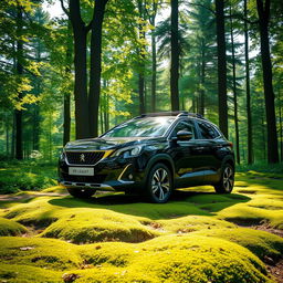 A stylish Peugeot car parked in a scenic forest setting