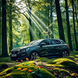 A stylish Peugeot car parked in a scenic forest setting