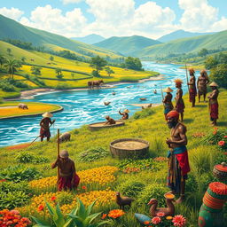 A vibrant scene depicting a group of skilled farmers, fishermen, and warriors from a culturally rich heritage
