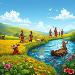 A vibrant scene depicting a group of skilled farmers, fishermen, and warriors from a culturally rich heritage