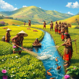 A vibrant scene depicting a group of skilled farmers, fishermen, and warriors from a culturally rich heritage