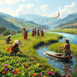 A vibrant scene depicting a group of skilled farmers, fishermen, and warriors from a culturally rich heritage