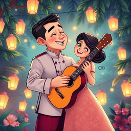 A stunning poster-worthy realistic cartoon illustration of a Filipino man in a traditional barong, passionately serenading a girl in an elegant Filipiniana dress