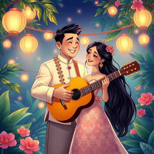 A stunning poster-worthy realistic cartoon illustration of a Filipino man in a traditional barong, passionately serenading a girl in an elegant Filipiniana dress