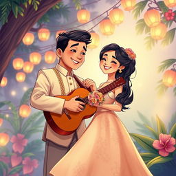 A stunning poster-worthy realistic cartoon illustration of a Filipino man in a traditional barong, passionately serenading a girl in an elegant Filipiniana dress
