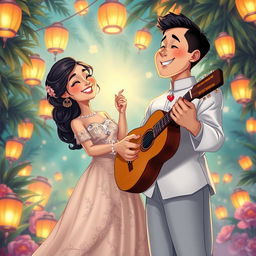 A stunning poster-worthy realistic cartoon illustration of a Filipino man in a traditional barong, passionately serenading a girl in an elegant Filipiniana dress