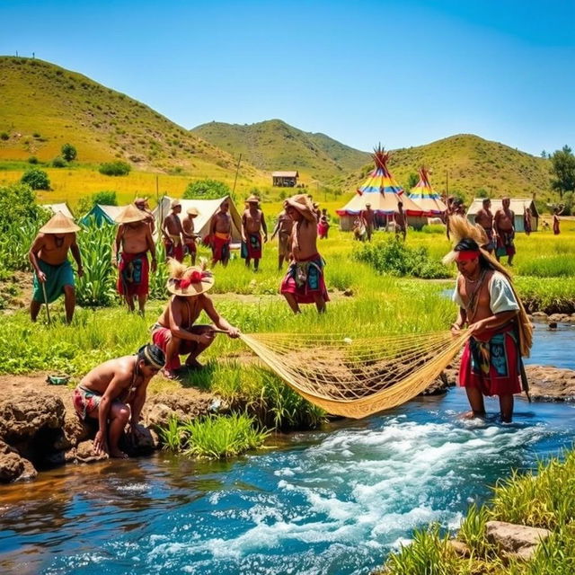 A vibrant scene showcasing a group of Indigenous people engaged in traditional activities