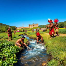 A vibrant scene showcasing a group of Indigenous people engaged in traditional activities