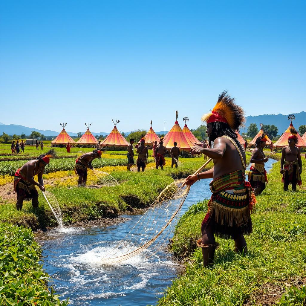 A vibrant scene showcasing a group of Indigenous people engaged in traditional activities