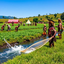 A vibrant scene showcasing a group of Indigenous people engaged in traditional activities