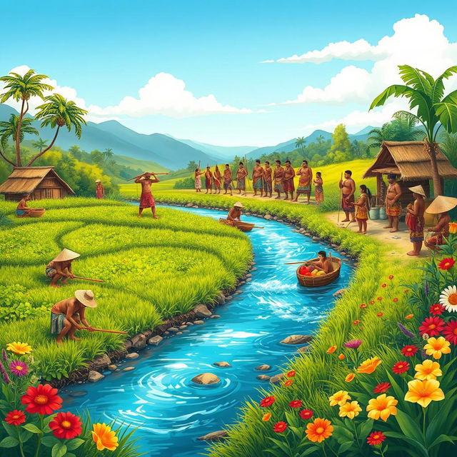 A picturesque illustration depicting a vibrant scene of a traditional Indigenous community