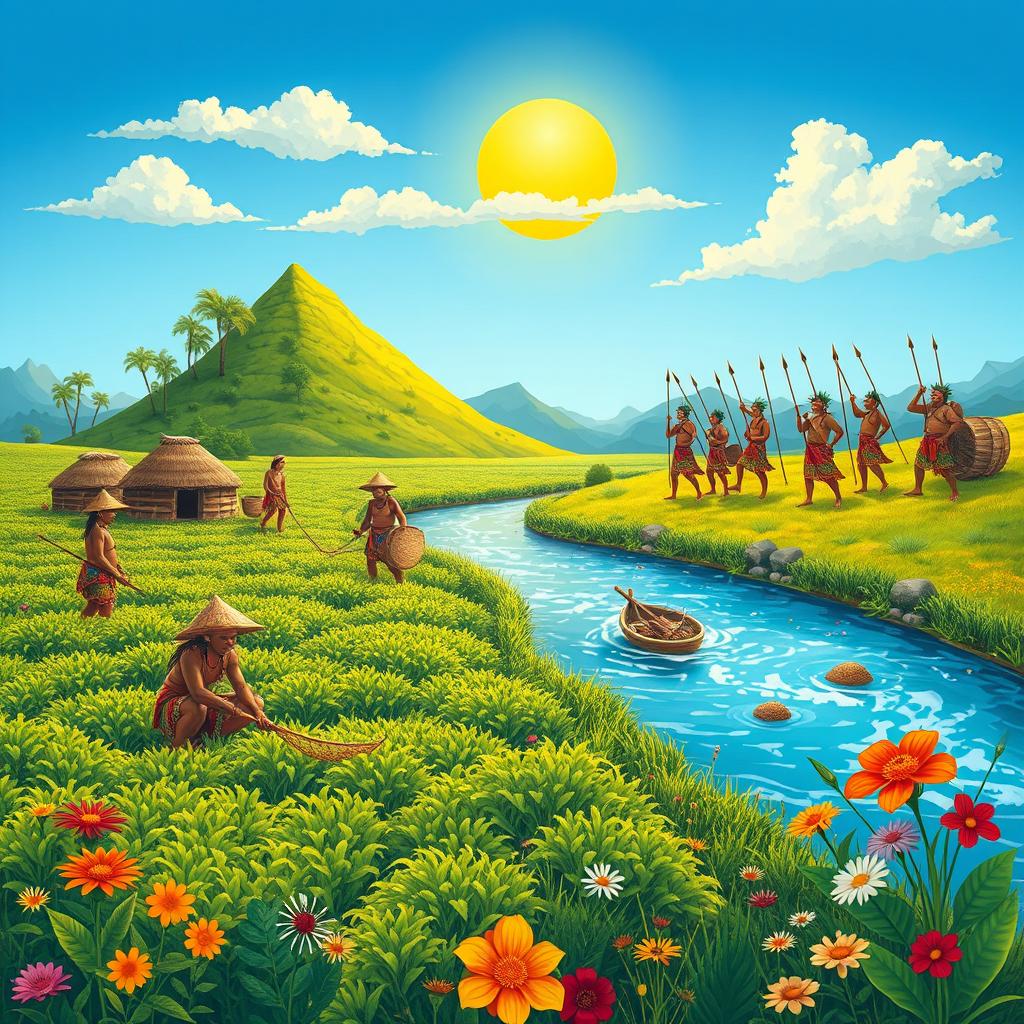 A picturesque illustration depicting a vibrant scene of a traditional Indigenous community