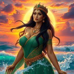 Nyi Roro Kidul, the Queen of the Southern Sea, depicted as a stunningly beautiful woman with large breasts, wearing a captivating green and golden kebaya
