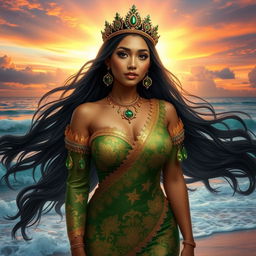 Nyi Roro Kidul, the Queen of the Southern Sea, depicted as a stunningly beautiful woman with large breasts, wearing a captivating green and golden kebaya