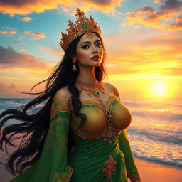 Nyi Roro Kidul, the Queen of the Southern Sea, depicted as a stunningly beautiful woman with large breasts, wearing a captivating green and golden kebaya