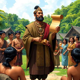 A historical scene depicting Datu Sumakwel, a wise and skilled leader, standing in front of a group of attentive villagers