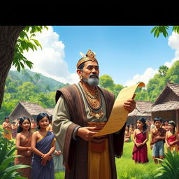 A historical scene depicting Datu Sumakwel, a wise and skilled leader, standing in front of a group of attentive villagers