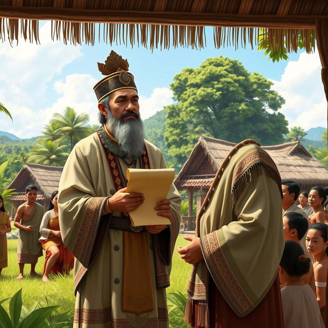 A historical scene depicting Datu Sumakwel, a wise and skilled leader, standing in front of a group of attentive villagers