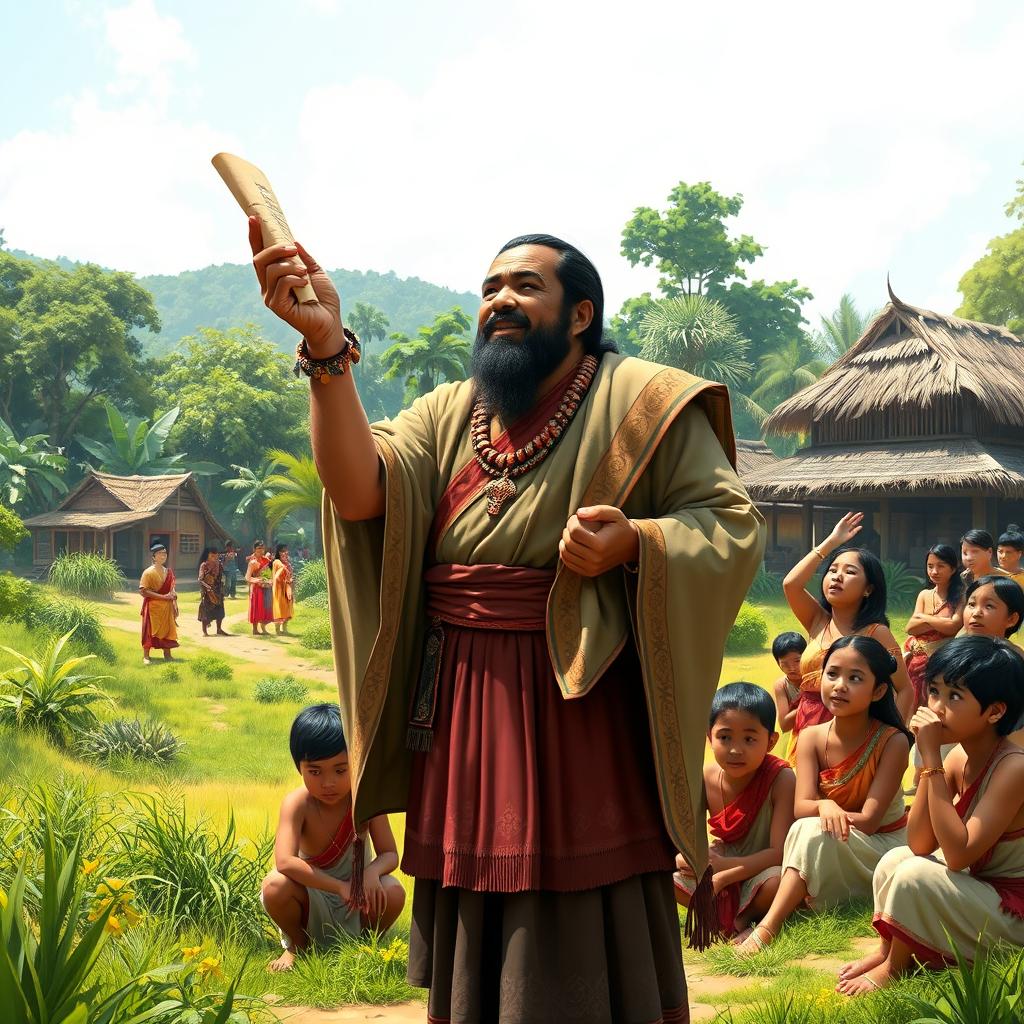 A historical scene depicting Datu Sumakwel, a wise and skilled leader, standing in front of a group of attentive villagers