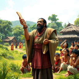 A historical scene depicting Datu Sumakwel, a wise and skilled leader, standing in front of a group of attentive villagers