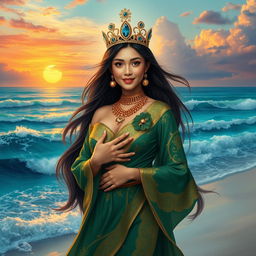 Nyi Roro Kidul, beautiful with large breasts, the Queen of the Southern Sea, depicted as a stunning woman in an elegant green and golden kebaya