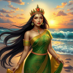 Nyi Roro Kidul, beautiful with large breasts, the Queen of the Southern Sea, depicted as a stunning woman in an elegant green and golden kebaya