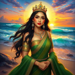 Nyi Roro Kidul, beautiful with large breasts, the Queen of the Southern Sea, depicted as a stunning woman in an elegant green and golden kebaya