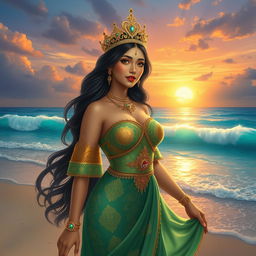 Nyi Roro Kidul, beautiful with large breasts, the Queen of the Southern Sea, depicted as a stunning woman in an elegant green and golden kebaya