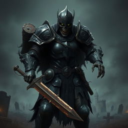 A fierce zombie knight in black armor, with intricate designs and battle scars, standing valiantly on a battlefield
